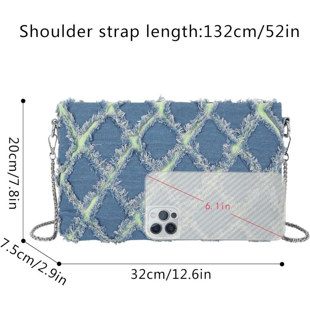 Women Denim Mini Bucket Crossbody Bag Quilted Distressed Tassel Purse - Picture 2 of 7